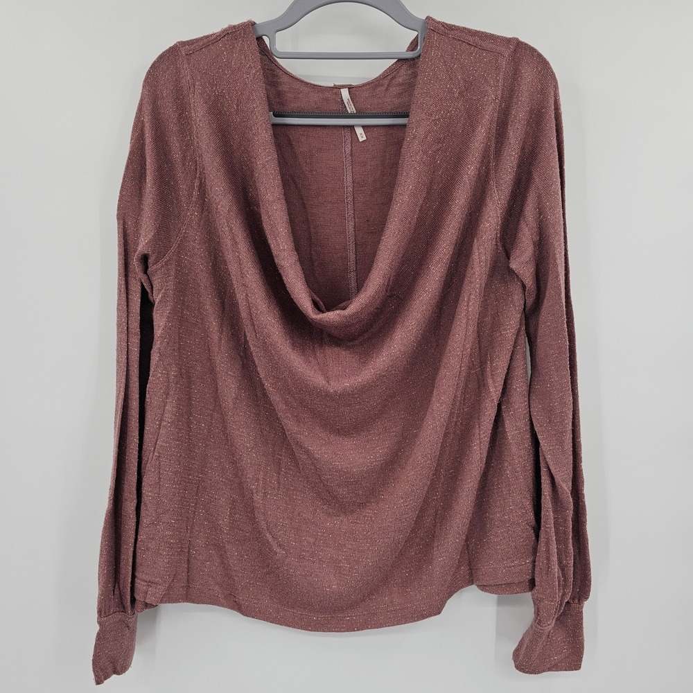 Free People‎ Mauve Gold Metallic Shimmer Cowl Neck Balloon Sleeve Top Medium